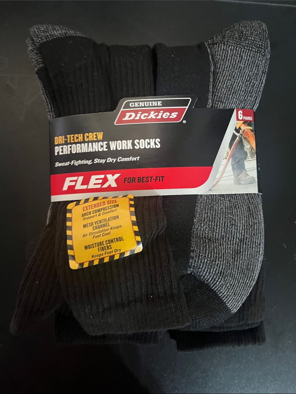 Dickies Men's Flex Dri-Tech Crew Socks - Black & Gray - Picture 2 of 3